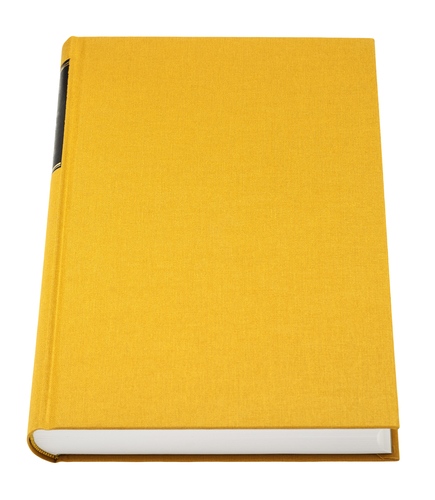 Yellow book isolated on white, black frame for title on the spin