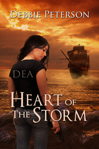 Book cover for Heart of the Storm by Debbie Peterson shows girl in foreground wearing a DEA t-shirt with old clipper ship in background on a sunset sea